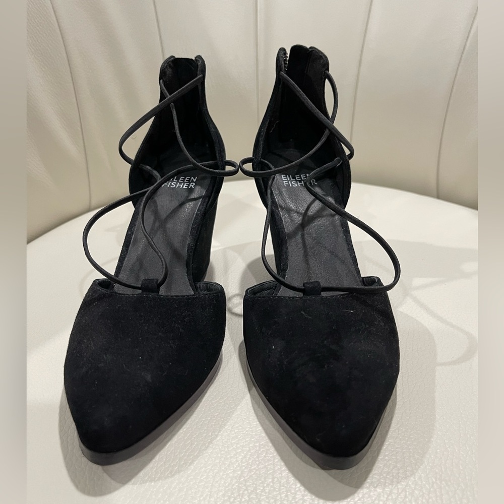Eileen Fisher Suede Rope Ghillie Lace Block Heels